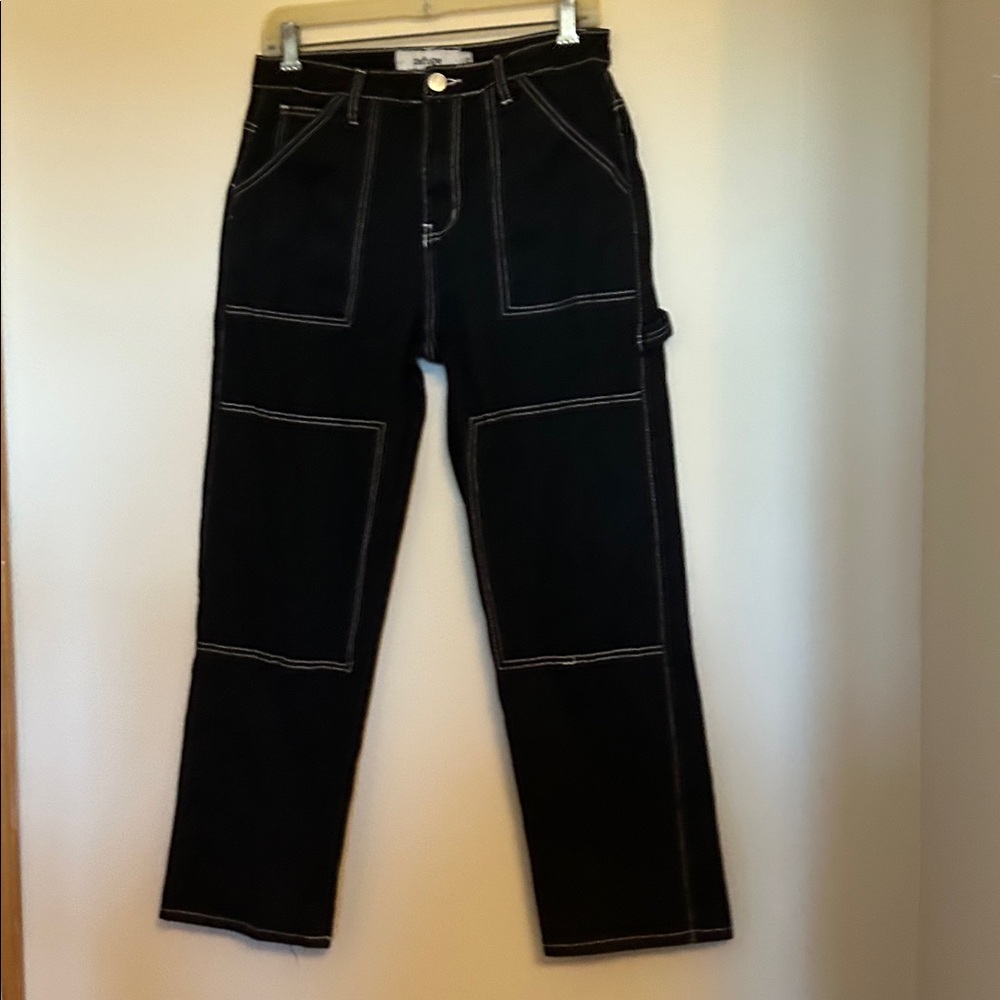 Refuge cargo pants black/white stitching front button/zip relaxed fit size large